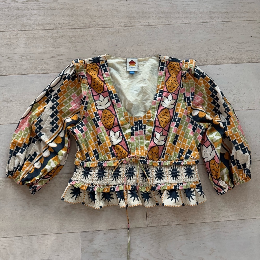 Farm Rio colorful fruit Floral Puff Sleeve Blouse Size XL - Picture 4 of 8